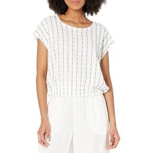 Madewell Per Se Top in Dot Top Fabric Cap Sleeve Soft Knit White Blue